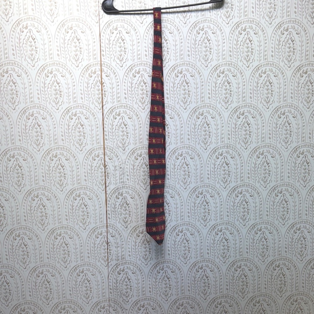 XMI Necktie Mens OS Burgundy Navy Blue Geometric Sun Silk Striped Hand Made USA‎